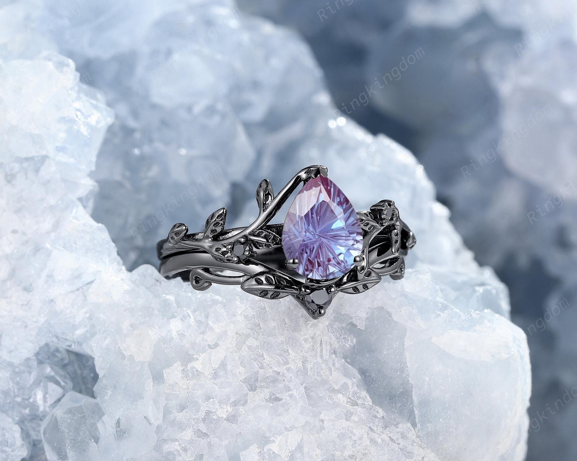 Fireworks Pear Shape Alexandrite Bridal Set 14K Black Gold June