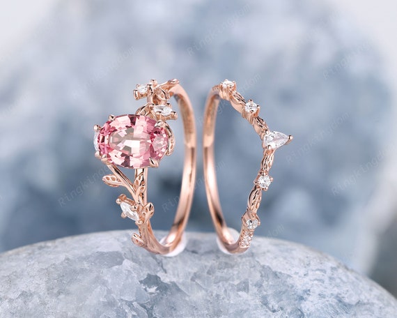 指輪・リング Pink sapphire Oval Shape Pink Sapphire Engagement Ring Set, Twig Leaf Peach