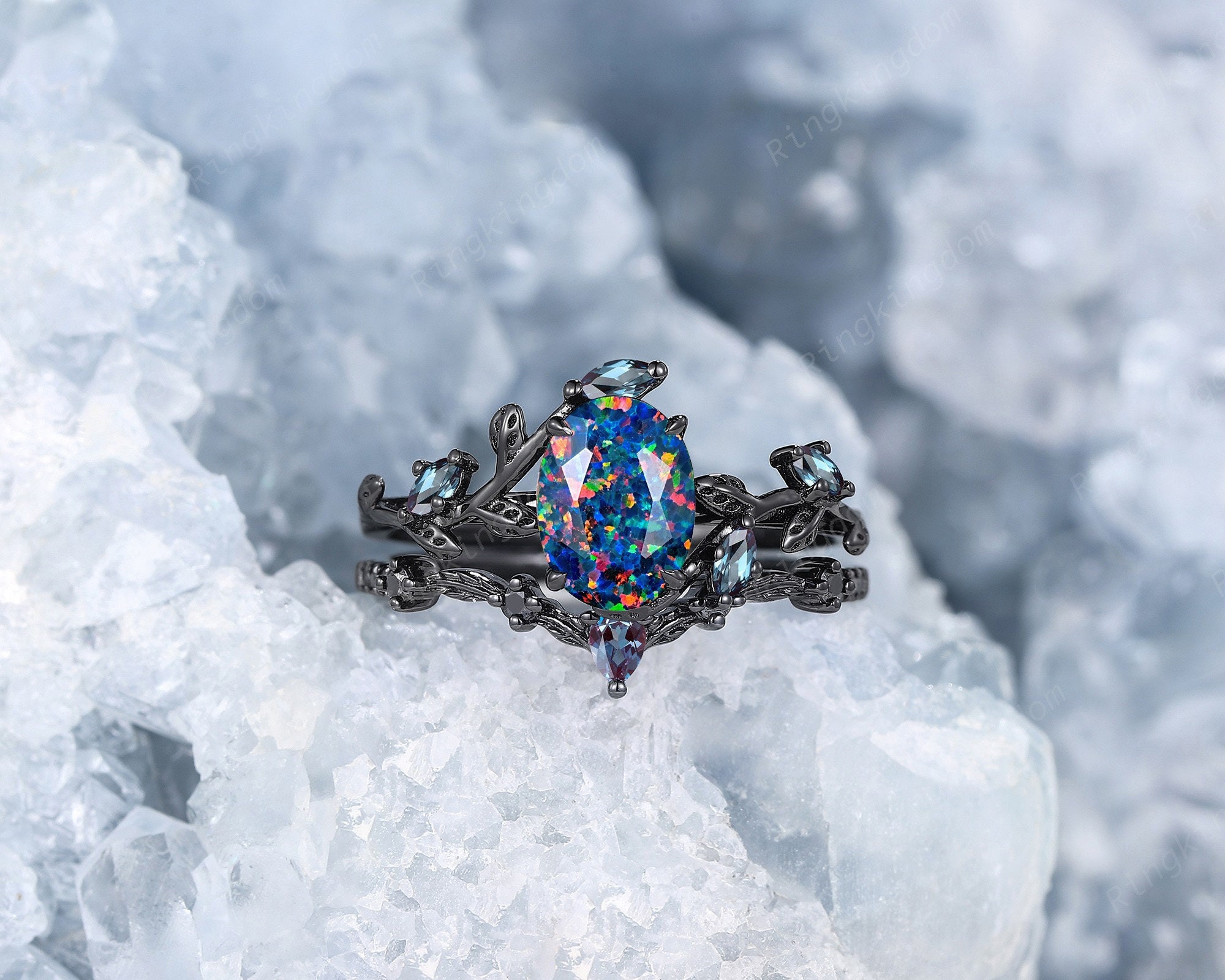 Gothic Facet Black Fire Opal Bridal Set,rhodium Black Gold