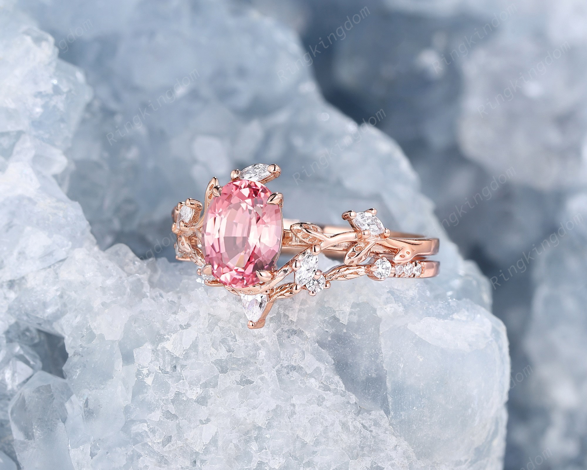 指輪・リング Pink sapphire Oval Shape Pink Sapphire Engagement Ring Set, Twig Leaf Peach