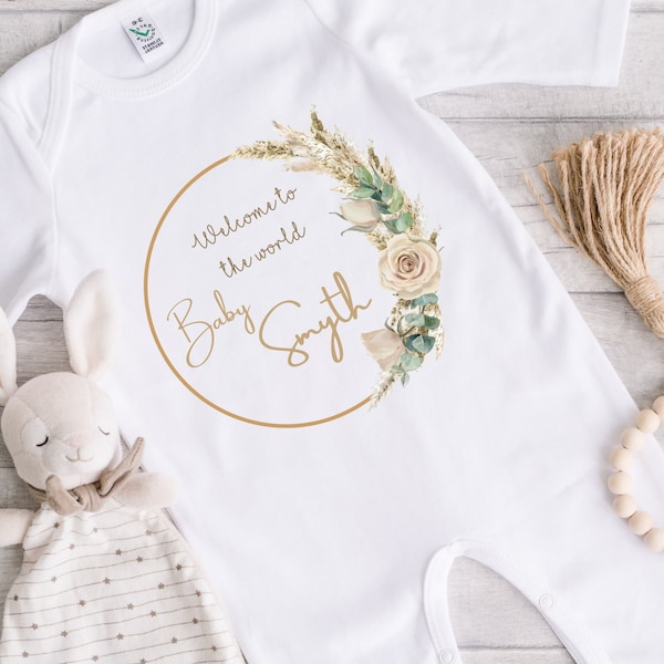 Personalised Baby Grow, Neutral Welcome to the world Baby Shower Present, Gender reveal gift Coming Home outfit, Unisex neutral baby tones