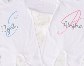 Personalised Baby Sleepsuit, with name and initial Pink and Blue, Unisex customised Babygrow gift, Babyshower gifts, New baby gift ideas.