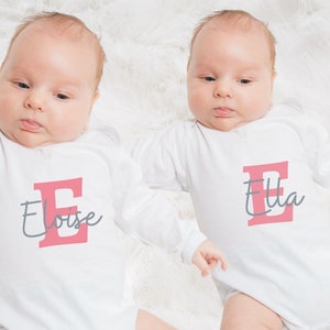 Twin Baby Girls Custom Names Long Sleeved bodysuit vest Top | Personalised Baby Gifts | Twin Baby Matching outfits
