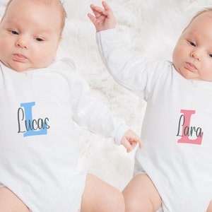 Twin Boy & Girl Long Sleeved bodysuit baby Vest Top | Personalised Name and Initial Baby Giftsets | Twin Baby Gift | First Birthday Outfits
