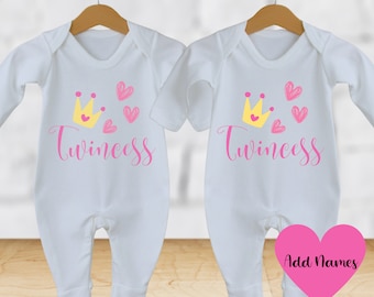 Twincess Twin Babygirl  Matching Outfits BabyGrow & Bib set, Sleepsuits with Names | Twins Gifts | Twin Set  | Personalised Girls Gift set