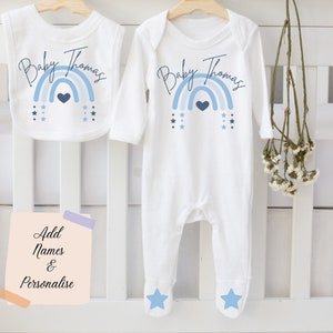 Baby Boys Rainbow print Personalised BabyGrow & Bib set, Hello World, Baby Shower Present, Coming Home outfit Baby Blue Boys PJs Newborns