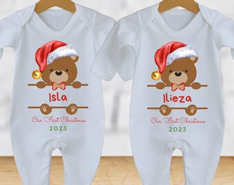 Twin Christmas Personalised outfits, babygrows, Personalised Christmas Romper outfit, Christmas gift, Babies 1st Christmas PJ’s set Twins.