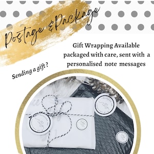 May include: A white package tied with black and white twine, adorned with circular stickers. The text "Postage & Package" is displayed in elegant script, with additional text indicating gift wrapping and personalized notes.