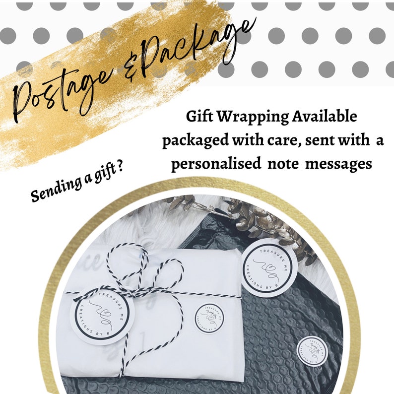 May include: A white package tied with black and white twine, adorned with circular stickers. The text "Postage & Package" is displayed in elegant script, with additional text indicating gift wrapping and personalized notes.
