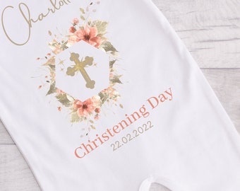 Personalised Christening outfit Bib & Babygrow, Baptism naming day, Gold cross with name and date, Chritening Baptism gifts babygirl Babyboy