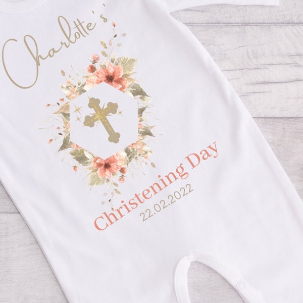 Tenue de baptême personnalisée Bib & Babygrow, Jour de baptême, Croix d'or avec nom et date, Cadeaux de baptême de baptême babygirl Babyboy