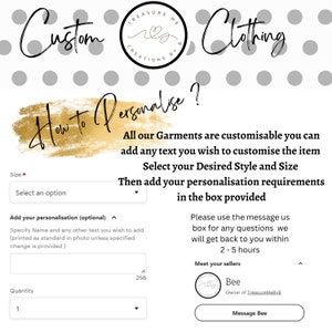 May include: Custom clothing design interface with the text "How to Personalise?" and instructions. Includes fields for size, personalization, and quantity. The image also features the seller's logo and contact information.
