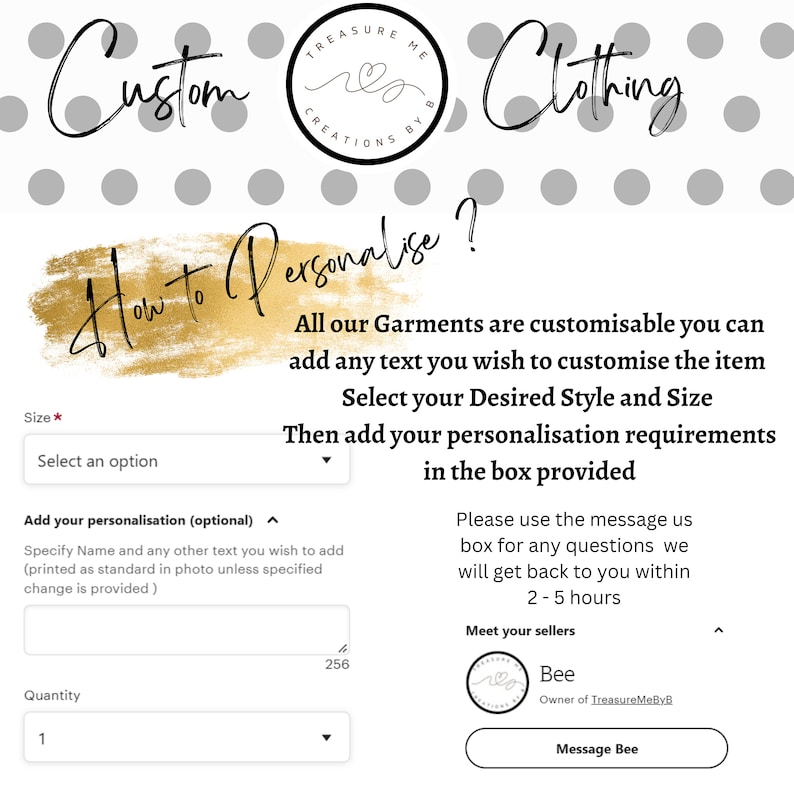 May include: Custom clothing design interface with the text "How to Personalise?" and instructions. Includes fields for size, personalization, and quantity. The image also features the seller's logo and contact information.