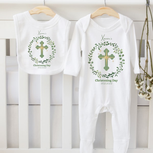 Personalised Christening outfit Bib & Babygrow, Baptism naming day, Gold cross with name and date, Chritening Baptism gifts babygirl Babyboy