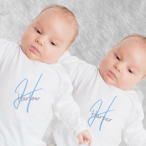Twin Baby Grow Personalised Boy, Girls Sleepsuit | Romper | Initial & Name Matching Outfits, Gift for Twins