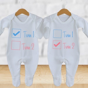 Twin Baby Girl Twin Baby Boy Outfits Twin 1 & Twin 2 Baby Sleepsuit Rompers, babygrow, Personalised Baby Gifts, Customisable Baby Twin Gifts
