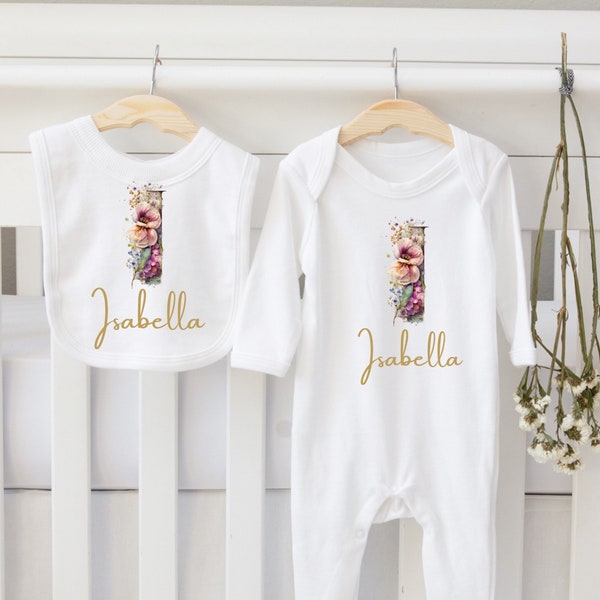 Newborn Personalised Baby Grow, Floral Name & Initials Blanket and Bib set , Gender reveal gift Coming Home outfit, Neutral baby tones