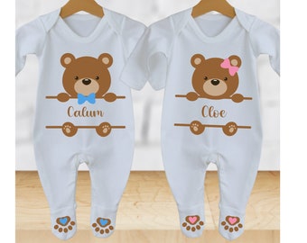 Ensemble personnalisé pour bébés jumeaux, barboteuse ours en peluche, noms assortis
