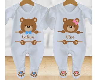 Twin Babies Matching Outfit, Names with Boy or Girl Teddy and matching paws, Rompers,  Babygrow All in one  Twin set Unisex Twin baby Gifts.