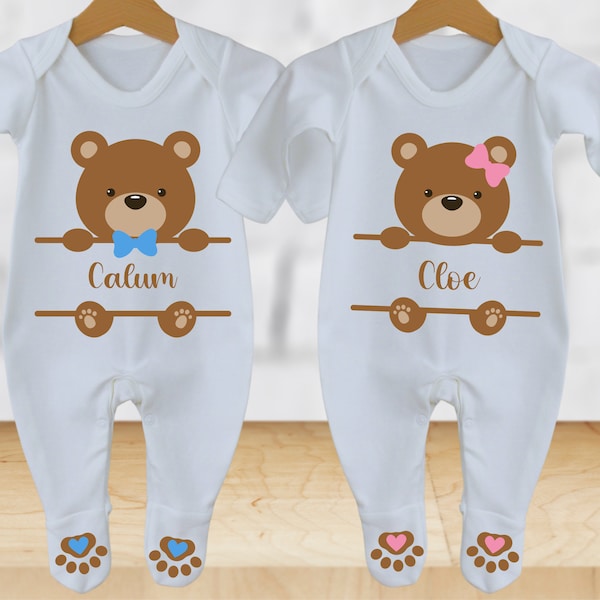 Twin Babies Matching Outfit, Names with Boy or Girl Teddy and matching paws, Rompers,  Babygrow All in one  Twin set Unisex Twin baby Gifts.