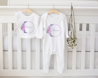 Personalised BabyGrow  & Bib set name with floral wreath Lilac tones,Gender reveal gift Coming Home outfit, newborn photoshoot