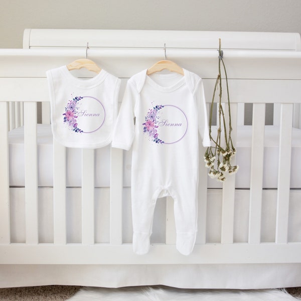 Personalised BabyGrow  & Bib set name with floral wreath Lilac tones,Gender reveal gift Coming Home outfit, newborn photoshoot
