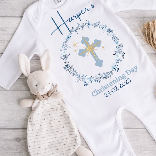 Personalised Christening outfit Bib & Babygrow boys  Baptism naming day, Gold cross with name and date, Chritening Baptism gifts  Babyboy