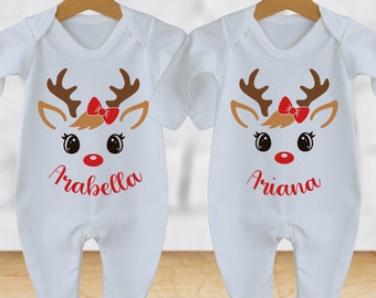 Twin Christmas Reindeer Romper, Personalized 1st Christmas Sleepsuit