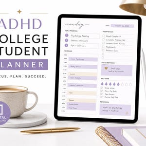 Puede incluir: Una tableta digital que muestra un planificador para estudiantes universitarios con TDAH, con un horario diario, lista de prioridades y seguimiento de autocuidado. La pantalla muestra ADHD COLLEGE STUDENT PLANNER, FOCUS. PLAN. SUCCEED. y 16 de agosto de 2024.