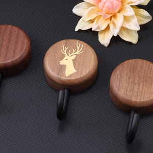 Adhesive Wood Wall Hooks with Brass Inlay, No Drill Round wall hooks, Wood + brass decorative hook, Minimalist wall hooks,Key holder.