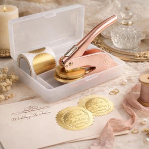 May include: A rose gold wax seal stamp and gold foil stickers are displayed in a clear plastic case. Two gold foil seals with the names "James & Sophia" are on a wedding invitation. A spool of pink thread and a candle are also visible.