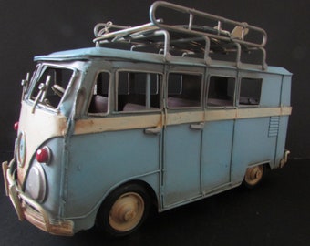 Vintage Large VW T1 Camper Van Model Blue Split Screen Metal