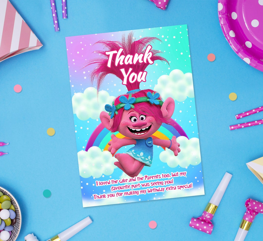 Trolls Thank You Card Girl Birthday Printable Invitation - Etsy