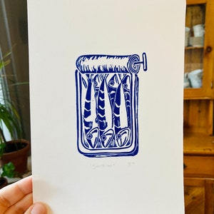 Sardines Linocut Print, original fish print in blue or black