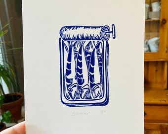 Sardines Linocut Print, original fish print in blue on white