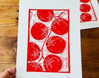 Tomato Lino Print | Original small wall art for kitchens | vegetable print - A5