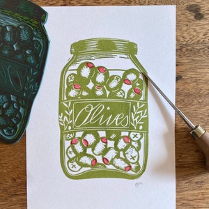 Olive Jar original Lino print | small art for kitchens in olive green and red