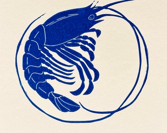 Stampa Linoleografia di gamberetti, crostacei di pesce originali, gamberetti, gamberi, frutti di mare creature marine stampa di vita marina in blu.