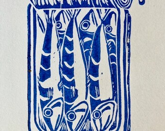 Sardines Linocut Print, originele visprint in blauw