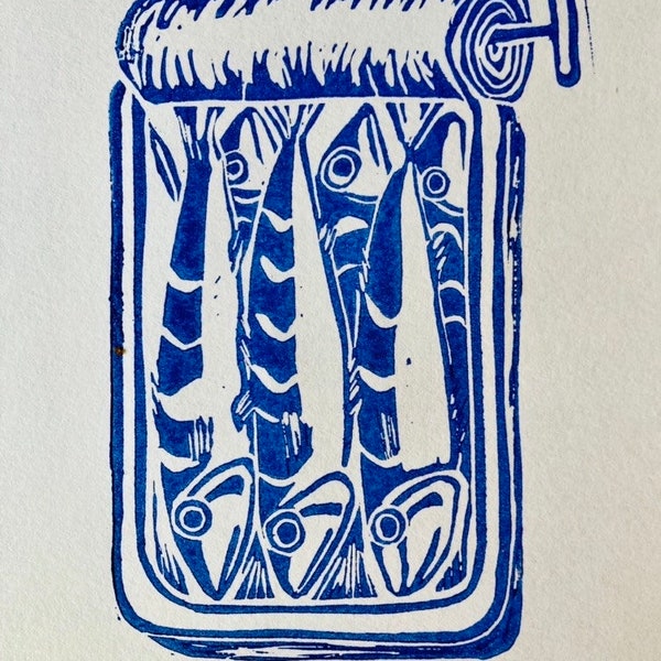 Sardines Linocut Print, original fish print in blue