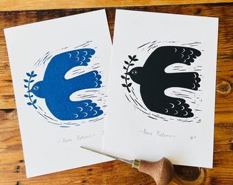 Peace Dove Lino Print: Handmade Blue & White Unframed Art