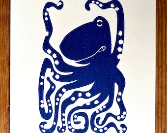 Octopus Lino Print: Handmade Coastal Art, Azure Blue, A5 Size