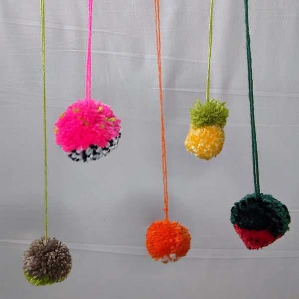 Funky pompom mobile | fruit poms DIY art craft home decor baby children gifts