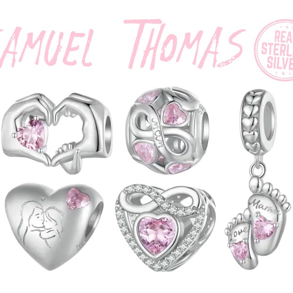 S925 Baby Girl Daughter Charms by SAMUELTHOMAS | 925 Sterling Silver | Cute Footprint Heart | Mom Mothers Pink Love | Pandora Bracelet Beads