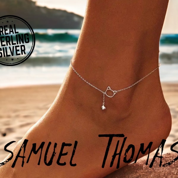 Cute Cat Anklet by SAMUELTHOMAS | 925 Sterling Silver | Boho Dainty Minimalist | Adjustable Beach Friends | Summer Jewelry Gift for Her