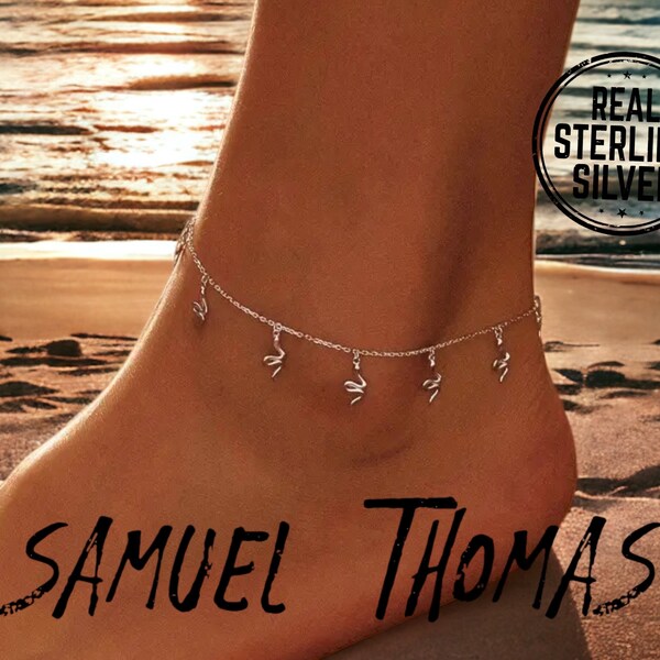 Snake Charm Anklet by SAMUELTHOMAS | 925 Sterling Silver | Boho Cute Minimalist Chain | Adjustable Beach Friends | Summer Jewelry Gift Her