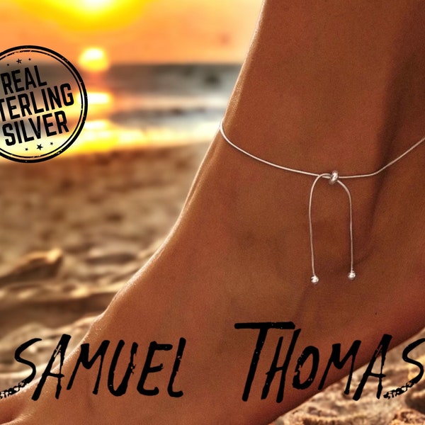 Snake Rope Anklet by SAMUELTHOMAS | 925 Sterling Silver | Boho Cute Minimalist Chain | Adjustable Beach Friends | Summer Jewelry Gift Her