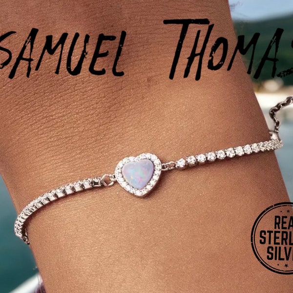 Opal Heart by SAMUELTHOMAS | 925 Sterling Silver Tennis Bracelet | Boho Cute Minimalist Love | Gemstone Dainty | Tiny Jewelry Gift for Her