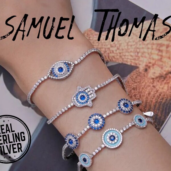 Evil Eye Set by SAMUELTHOMAS | 925 Sterling Silver Tennis Bracelet | Blue Minimalist Lucky Healing | Adjustable Hamsa Fatima | Gift for Her