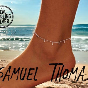 Dangle CZ Anklet by SAMUELTHOMAS | 925 Sterling Silver | Boho Cute Minimalist Chain | Adjustable Beach Friends | Summer Jewelry Gift for Her